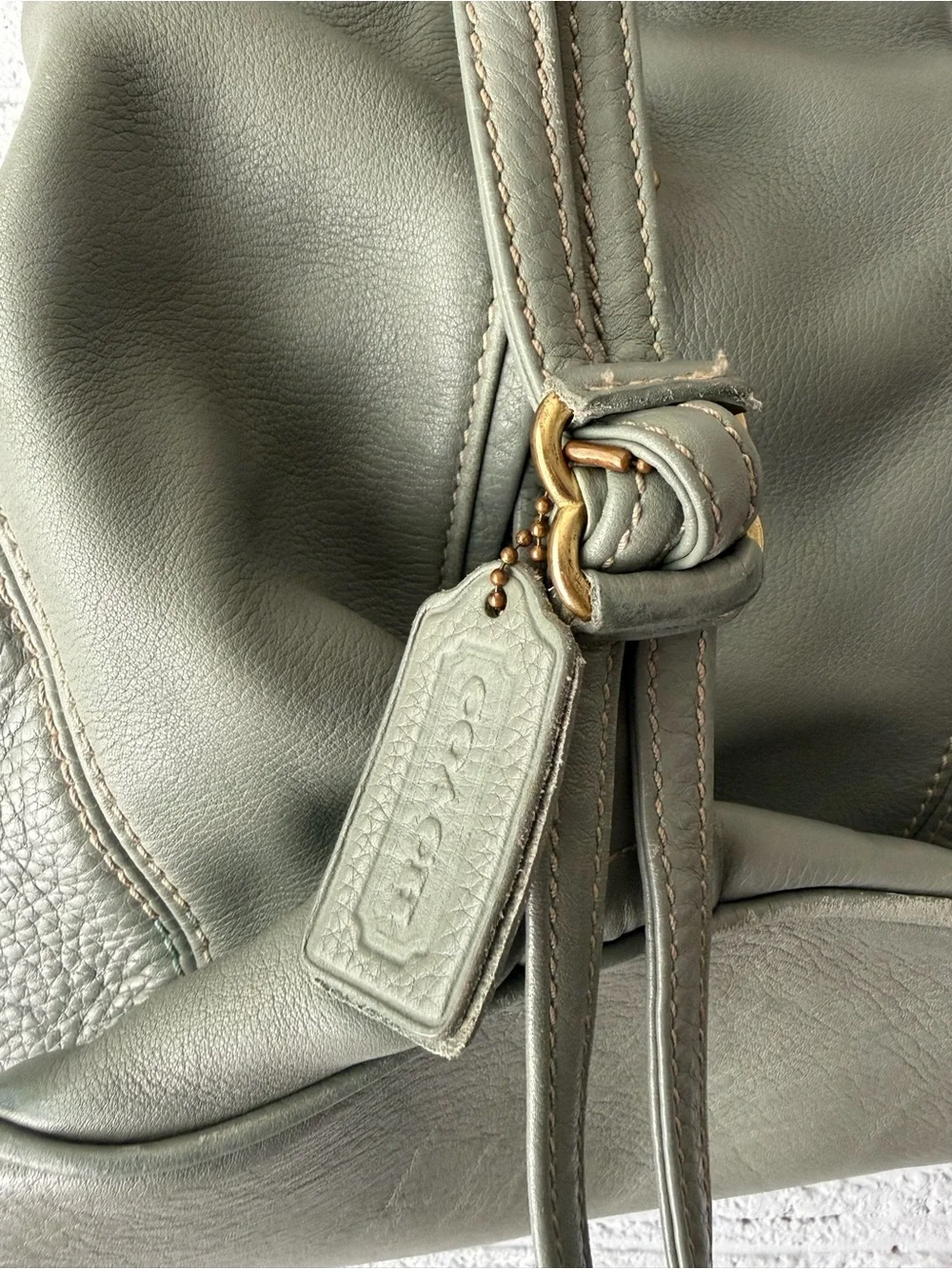 Gray/Green  Leather Backpack Tote - Minimal Drawstring Style